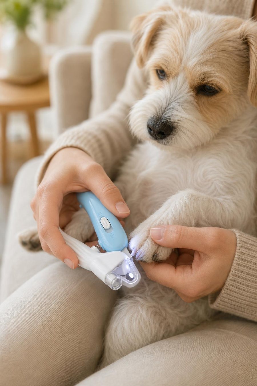 Cortando las uñas de un perro en casa con el cortaúñas LED